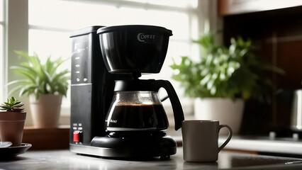 Freshly brewed coffee in pitcher, kitchen background.