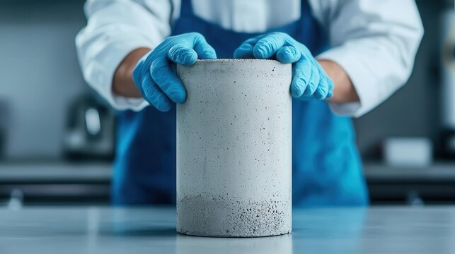 Lab technician wearing gloves, placing a concrete cylinder into a compression machine, Concrete cylinder testing, Strength analysis