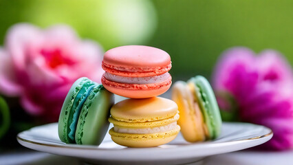 Colorful macarons stacked on a plate, sunny floral background.