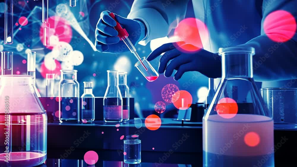 Poster a man is working in a lab with various chemicals and glassware