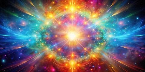 Fototapeta premium A radiant burst of celestial light illuminating a cosmic nebula with vibrant swirls of colors and scattered stars.