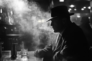 A Solitary Figure Contemplates at a Dimly Lit Bar, Smoke Swirling in the Evening Atmosphere