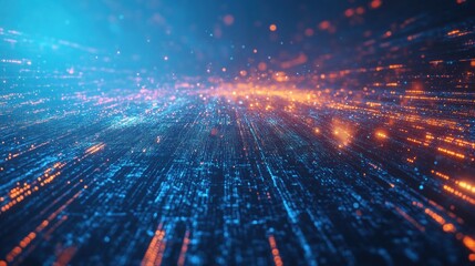 Fototapeta premium Abstract digital landscape with glowing particles and lines, representing data flow.