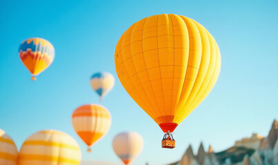 Colorful hot air balloon landing on the ground