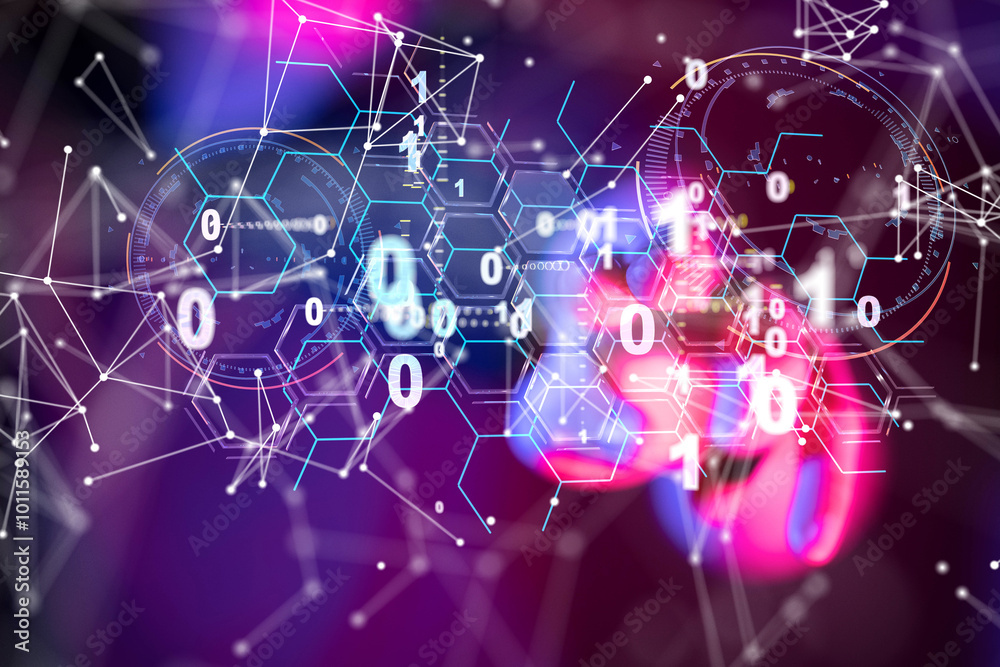 Poster Neural network 3D illustration. Big data and cybersecurity