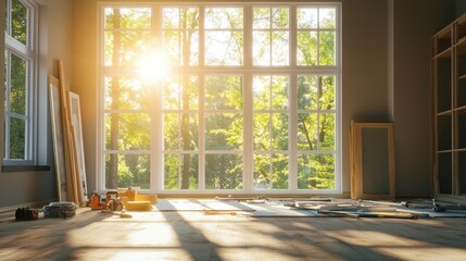 Fototapeta premium Morning Sunlight Streaming Through Large Windows During Renovation