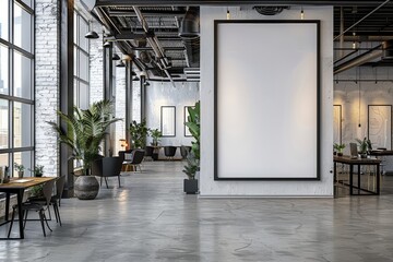 Open space office featuring a large white wall, concrete floors, black frames, a mockup of a blank A2 poster, and scattered desks under industrial lights.