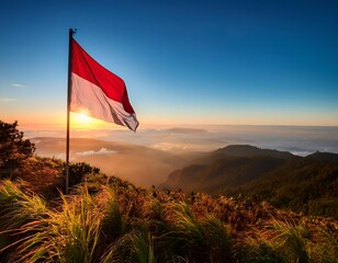 Indonesian flag red white wave on the mountain in morning sunrise