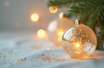 Christmas transparent glass ornament with golden sequins on bokeh background, soft pastel colors.