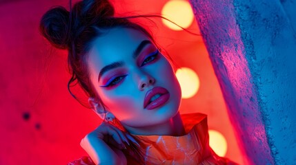 Fototapeta premium A striking portrait of a model with vibrant makeup and colorful lighting, showcasing beauty and fashion aesthetics.