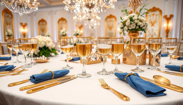 A beautifully decorated table featuring champagne glasses, golden leaves, and floral arrangements, set for a sophisticated event or celebration. Ideal for dining, weddings, or special gatherings.

