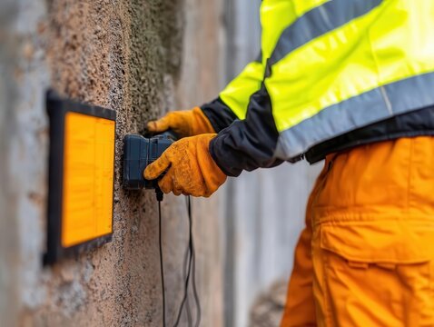 Close-up of technician performing GPR scan on concrete structure for internal void detection, Ground-penetrating radar test, Structural flaw detection