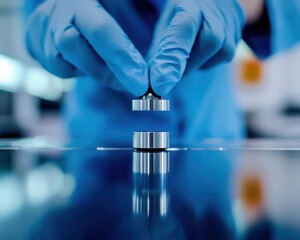 Technician analyzing the modulus of elasticity on steel sample using a strain gauge, Modulus of elasticity test, Material flexibility