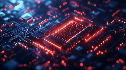 Obraz premium Abstract 3D Render of a Circuit Board with Red Glowing Lights