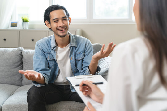 mental health care therapy concept, psychologist counseling to anxiety patient and giving guidance mental therapy care to cure mental health.