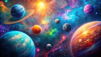 A vibrant cosmic tapestry of swirling nebulae, glowing stars, and majestic planets, each with unique characteristics and colors, creating a breathtaking display of celestial wonders.