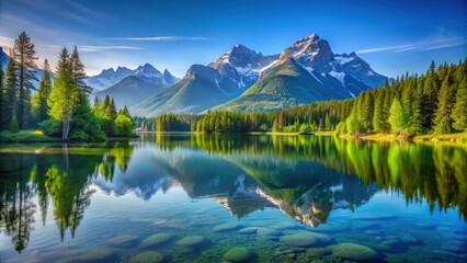 A serene mountain lake reflecting the majestic peaks and lush forest in a symphony of nature's beauty.