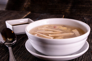 Chinese Tofu Vegetable Soup on wood table. Chinese food. Food concept.