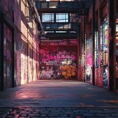 Naklejka premium Graffiti Covered Brick Alleyway with Sunlight and Shadows