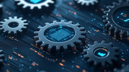 Interconnected gears with digital interfaces on a circuit board background.