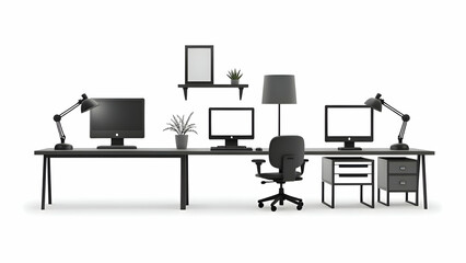 Fototapeta premium Black desk with laptops on white background