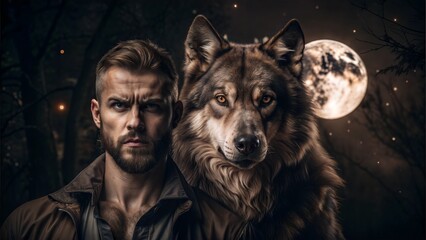 Man and Wolf Under Full Moon for Dark Fantasy Art, Book Covers, and Storytelling Blogs, Perfect for Themes of Brotherhood, Loyalty, and Wilderness with a Mysterious Nighttime Setting

