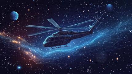 A swirling, starry sky forms the shape of a helicopter. Planets, stars, and lines of the universe create the design.This artistic image is a vector drawing of a helicopter in space.low poly wireframe.