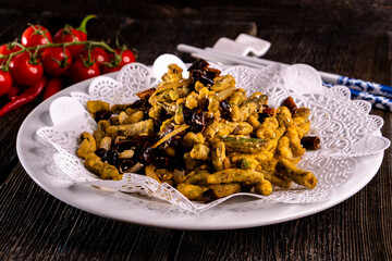 fried green asparagus on wood table.Chinese food. food concept.