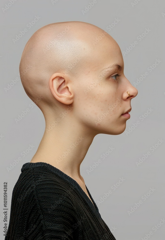 Wall mural portrait of a bald woman head side view, isolated on transparent background