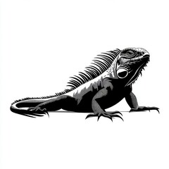 Fototapeta premium A Detailed Black and White Illustration of an Iguana Resting on a Flat Surface in a Minimalist Style