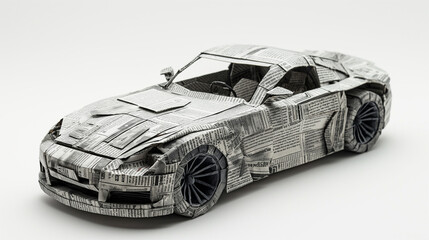 Fototapeta premium Intricate paper craft of a sports car made entirely from folded newspaper in a minimalist studio setting