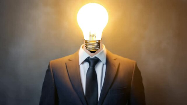Concept of business bright idea or creative solution. Businessman with light bulb head symbolizing innovation and new ideas. 