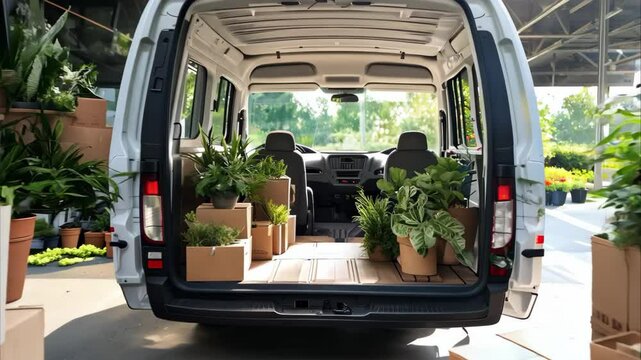 A van filled with boxes and potted plants, showcasing a lively greenery delivery setup.