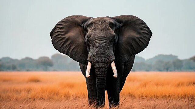 Majestic male African elephant standing in windy savanna grassland.