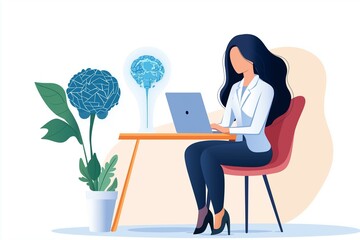 A woman using a laptop with a plant and a creative brain illustration, symbolizing innovation and technology in the workspace.