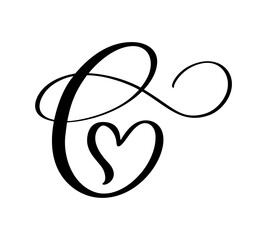 Hand drawn vector calligraphy love letter C. Vintage heart monogram. Script capital font logo. Handwritten brush style. element Valentine flourish. sign for page decoration design illustration