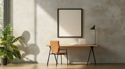 Minimalist workspace with a chair, desk, lamp, and blank canvas on the wall.