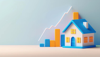 Colorful model house with growth chart, representing real estate concepts and market trends.