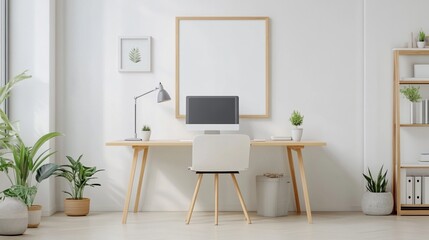 Modern home office setup with plants and a computer on a wooden desk.