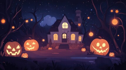 Fototapeta premium Ominous Halloween setting with jack-o'-lanterns and dark mansion. Bright eerie lights in cartoon style. Spooky fantasy atmosphere concept.