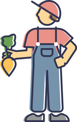Illustration of a farmer holding a beet, symbolizing agriculture and harvest.