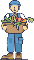 Illustration of a farmer holding a basket of fresh vegetables, symbolizing harvest and sustainability.