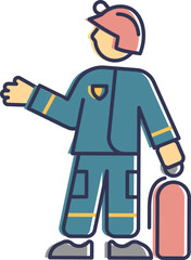 Illustration of a fireman with helmet and extinguisher, symbolizing safety and readiness.