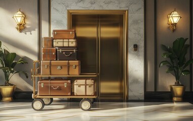 A hotel lobby scene featuring a cart loaded with vintage luggage in front of an elevator, showcasing elegance and travel.
