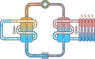 Diagram of heat pump cycle showing refrigerant flow, compressors, and heat exchangers.