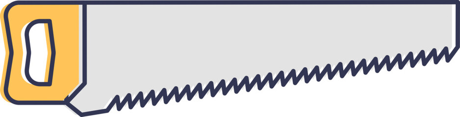 Illustration of a handsaw with a yellow handle and sharp teeth, symbolizing craftsmanship and woodworking.