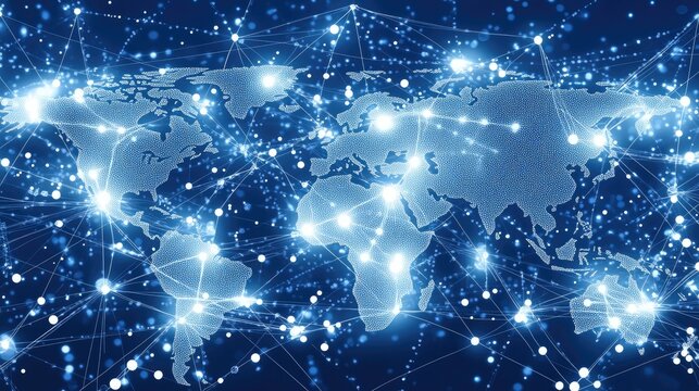 A world map designed with glowing connections highlights the global network of digital technology, ideal for illustrating business and internet concepts