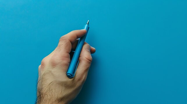 Hand holding ballpoint pen on blue background
