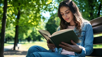 Obraz premium Young woman reading a book on a park bench, enjoying peaceful outdoor moment, green trees in the background.