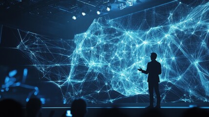 A conference of a company from the modern technology sector presenting a holographic vision of the data cloud